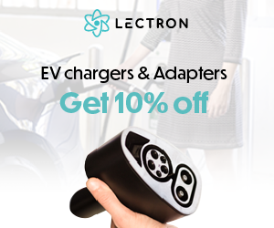 EV adapter promotion showing a charging connector held in hand.